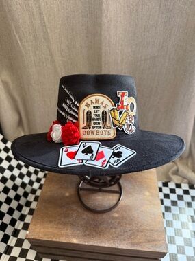 Black Wide-Brim Embellished Western Hat with Patches heart shaped top